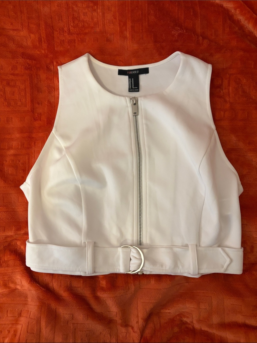 Forever 21 White Zip-Front Cropped Belted Top